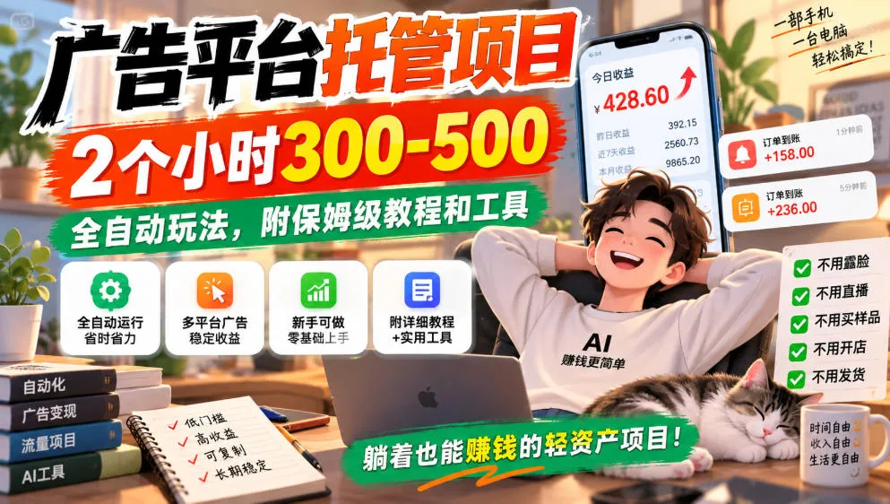 广告平台托管项目,2个小时300-500,全自动玩法,附保姆级教程和工具,小白照着就能做【揭秘】-海桐网创