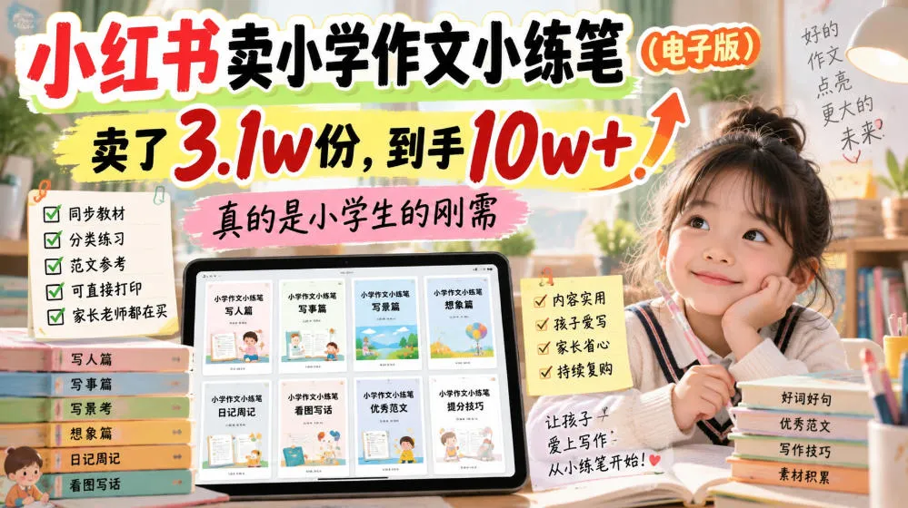 小红书卖小学作文小练笔（电子版），卖了3.1w份，到手10w+，真的是小学生的刚需-海桐网创