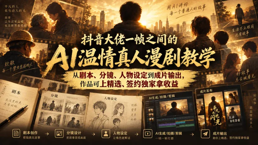 抖音大佬一帧之间的AI温情真人漫剧教学，从剧本、分镜、人物设定到成片输出，作品可上精选、签约独家拿收益-海桐网创