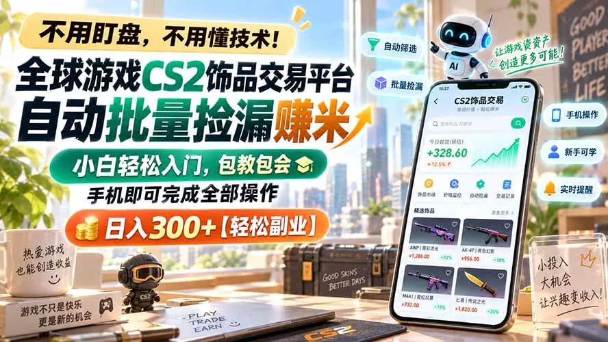 (20454期)全球游戏CS2饰品交易平台自动批量捡漏赚米,小白轻松入门,包教包会,手机即可完成全部操作,日入300+【轻松副业】-海桐网创