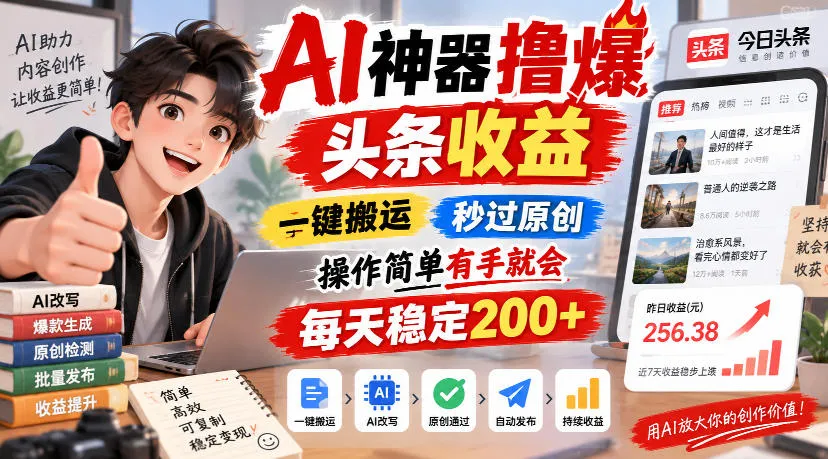 AI神器撸爆头条收益，一键搬运，秒过原创，操作简单有手就会，每天稳定200+【揭秘】-海桐网创