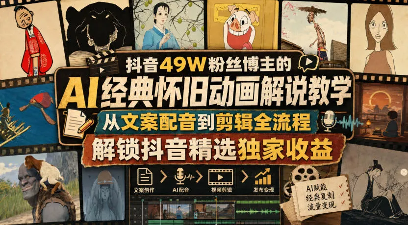 抖音49W粉丝博主的AI经典怀旧动画解说教学,从文案配音到剪辑全流程,解锁抖音精选独家收益-海桐网创