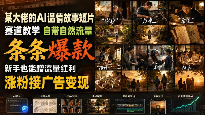 某大佬的AI温情故事短片赛道教学，自带自然流量，条条爆款，新手也能蹭流量红利，涨粉接广告变现（更新）-海桐网创