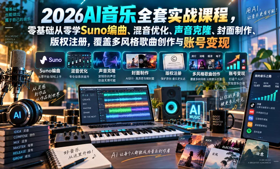 2026AI音乐实战课程,零基础从零学Suno编曲、混音优化、声音克隆、版权注册,覆盖多风格歌曲创作与账号变现-海桐网创