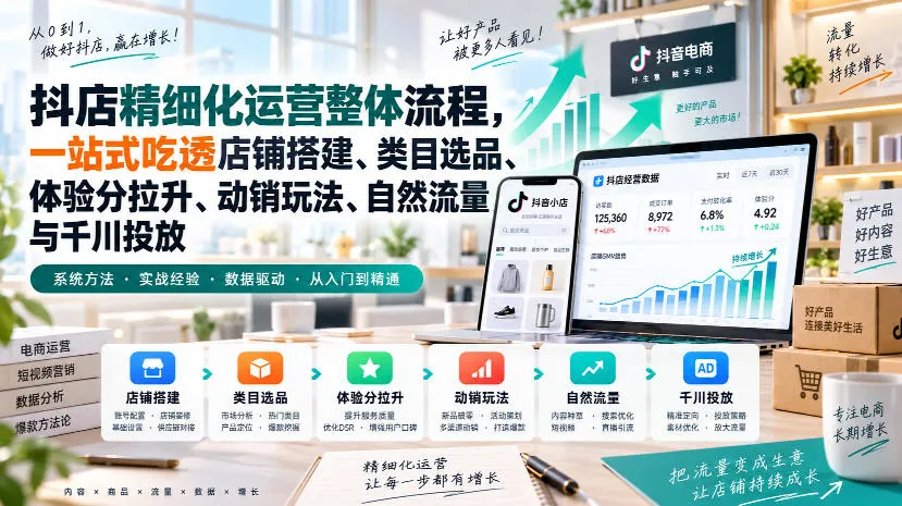 李哥电商-抖店精细化运营整体流程，一站式吃透店铺搭建、类目选品、体验分拉升、动销玩法、自然流量与千川投放-海桐网创