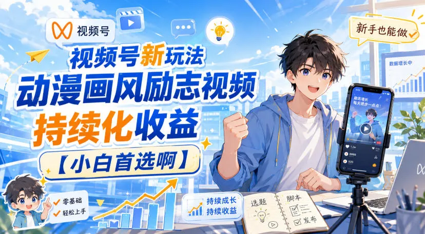 视频号新玩法动漫画风励志视频,持续化收益【小白首选啊】-海桐网创