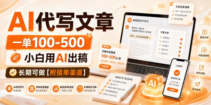 AI代写文章，一单100-500，小白用AI出稿，长期可做【附接单渠道】【揭秘】-海桐网创