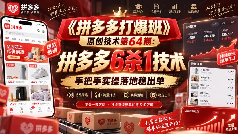 《拼多多打爆班》原创技术第64期:拼多多6杀1技术,手把手实操落地稳出单-海桐网创