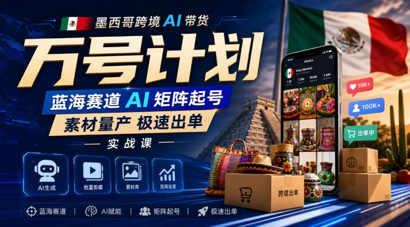 墨西哥跨境AI带货万号计划，蓝海赛道AI矩阵起号，素材量产极速出单实战课-海桐网创