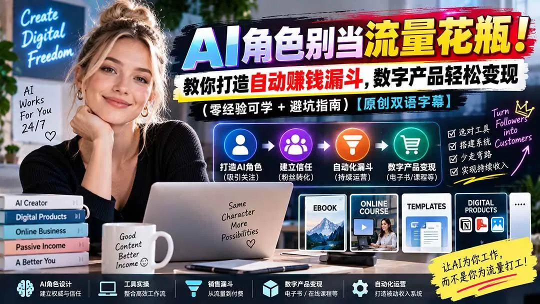 （20475期）AI角色别当流量花瓶！教你打造自动赚钱漏斗，数字产品轻松变现（零经验可学+避坑指南）【原创双语字幕】-海桐网创