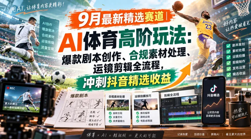 某大佬的9月最新精选赛道之AI体育顶级玩法，爆款剧本创作、版权规避、运镜剪辑全流程，稳拿抖音精选收益-海桐网创