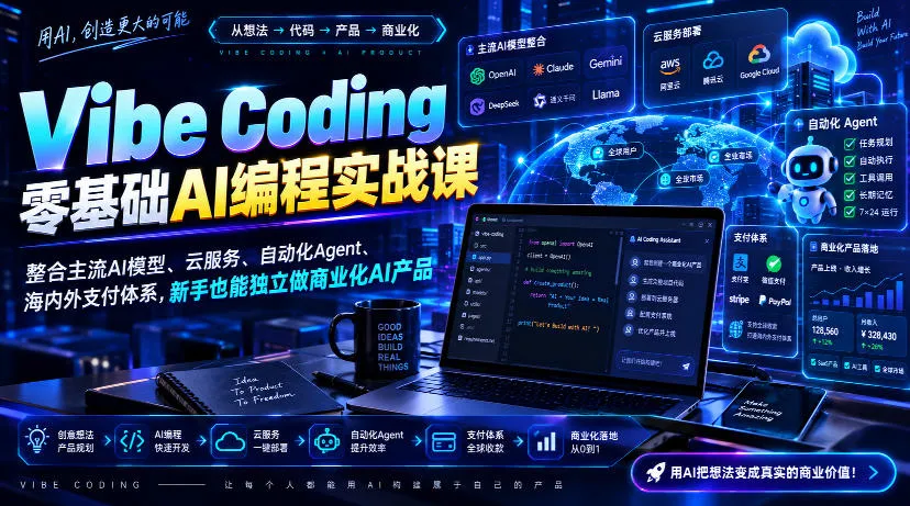 Vibe Coding零基础AI编程实战课-无水印,整合主流AI模型、云服务、自动化Agent、海内外支付体系,新手也能独立做商业化AI产品-海桐网创