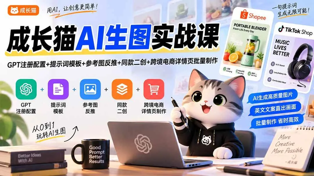 （20482期）成长猫AI生图实战课｜GPT注册配置+提示词模板+参考图反推+同款二创+跨境电商详情页批量制作-海桐网创