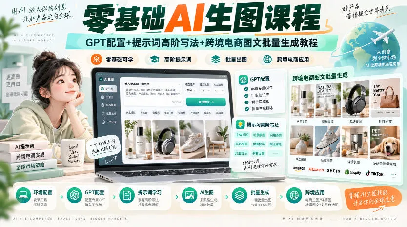 零基础AI生图课程，GPT配置+提示词高阶写法+跨境电商图文批量生成教程-海桐网创