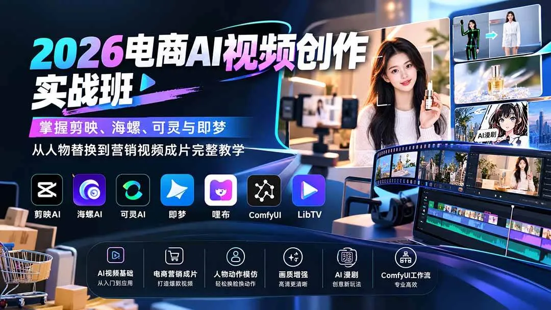 (20466期)2026电商AI视频创作实战班:掌握剪映、海螺、可灵与即梦,从人物替换到营销视频成片完整教学-海桐网创