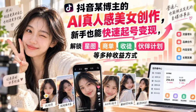 抖音某博主的AI真人感美女创作,新手也能快速起号变现,解锁星图,商单,收徒,伙伴计划等多种收益方式 抖音某博主的AI真人感美女创作,新手也能快速起号变现,解锁星图,商单,收徒,伙伴计划等多种收益方式