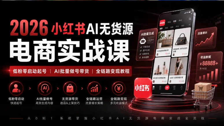 2026小红书AI无货源电商实战课|低粉零启动起号|AI批量做号带货全链路变现教程-海桐网创
