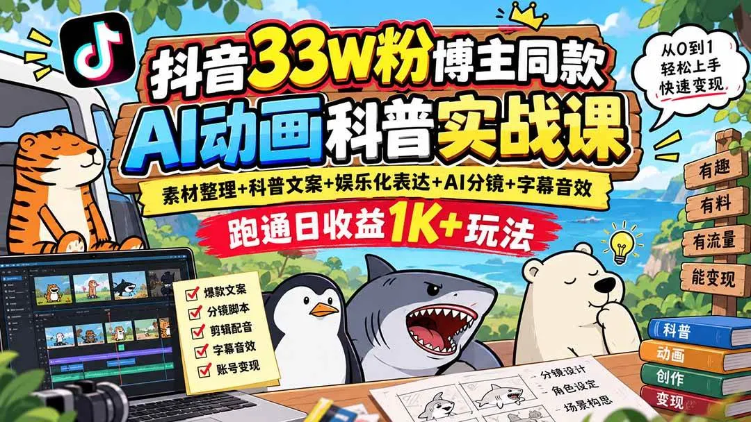 (20510期)抖音33W粉博主同款AI动画科普实战课|素材整理+科普文案+娱乐化表达+AI分镜+字幕音效,跑通日收益1K+玩法-海桐网创