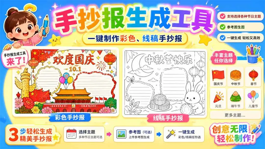 (20265期)手抄报批量生成工具来了,完全免费,告别豆包生图,这个高清无水印-海桐网创