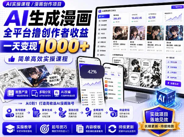 AI生成漫画全平台撸创作者收益内部课程，实操最高单日变现1k+-海桐网创