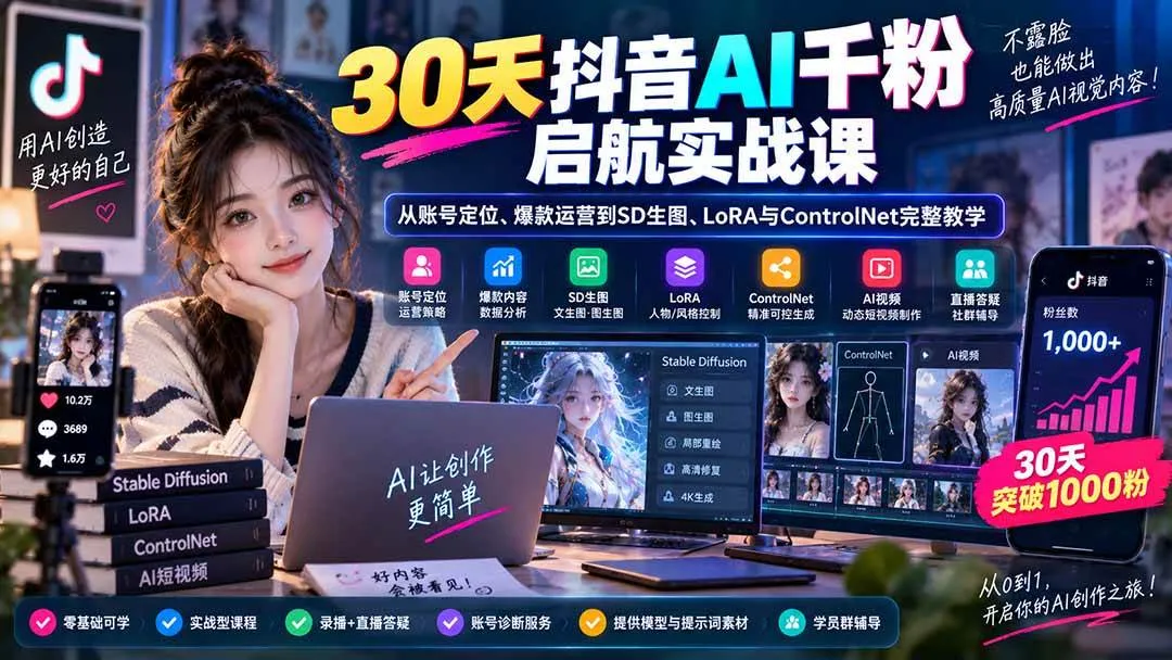 (20291期)30天抖音AI千粉启航实战课:从账号定位、爆款运营到SD生图、LoRA与ControlNet完整教学-海桐网创