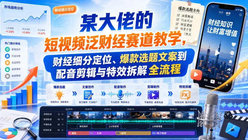 某大佬的短视频泛财经赛道教学,财经细分定位、爆款选题文案到配音剪辑与特效拆解全流程-海桐网创