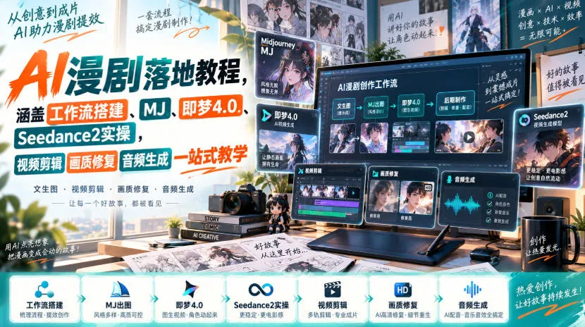 AI漫剧落地教程，涵盖工作流搭建、MJ、即梦4.0、Seedance2实操，视频剪辑画质修复音频生成一站式教学-海桐网创