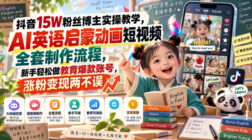 抖音15W粉丝博主实操教学,AI英语启蒙动画短视频全套制作流程,新手轻松做教育爆款账号,涨粉变现两不误-海桐网创