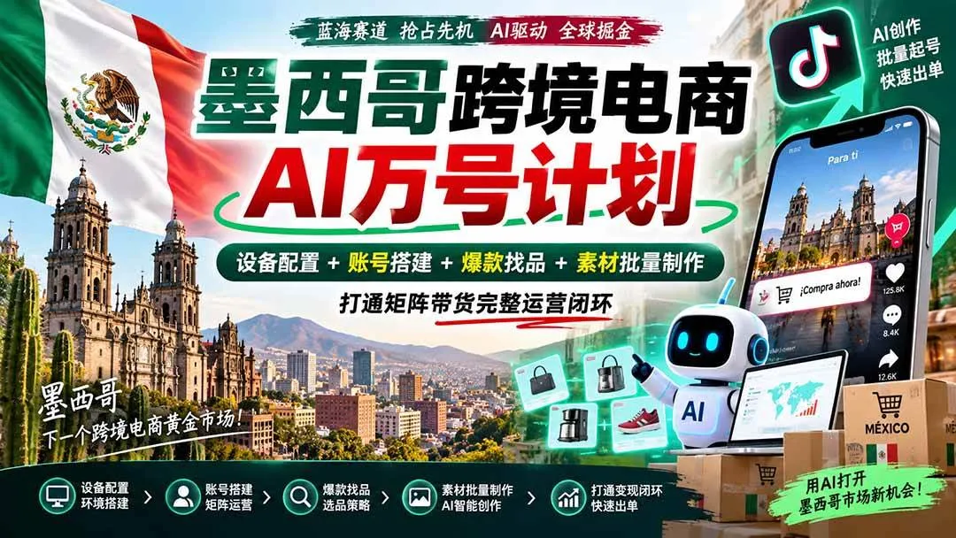 (20500期)墨西哥AI跨境电商万号计划|设备配置+账号搭建+爆款找品+素材批量制作,打通矩阵带货完整运营闭环-海桐网创