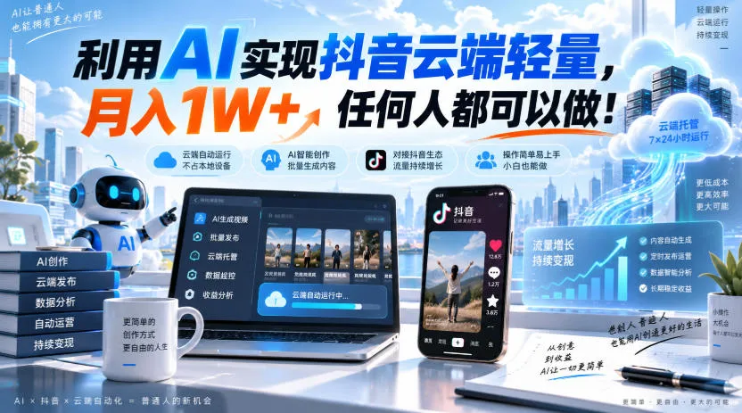 利用AI实现抖音云端轻量,月入1W+,任何人都可以做!【揭秘】-海桐网创