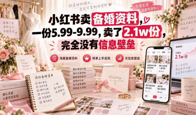 小红书卖备婚资料，一份5.99-9.99，卖了2.1w份，完全没有信息壁垒-海桐网创