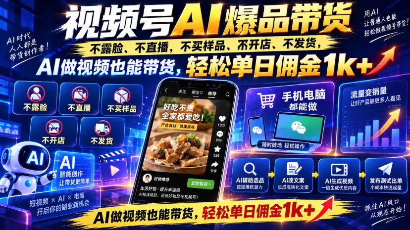 视频号Ai爆品带货，不露脸、不直播、不买样品、不开店、不发货，AI做视频也能带货，轻松单日佣金1k+-海桐网创