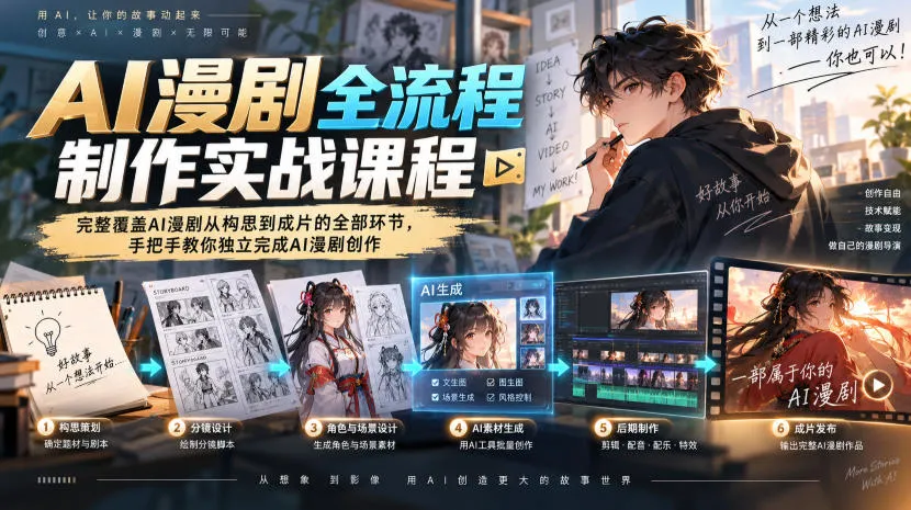 AI漫剧全流程制作实战课程，完整覆盖AI漫剧从构思到成片的全部环节，手把手教你独立完成AI漫剧创作-海桐网创