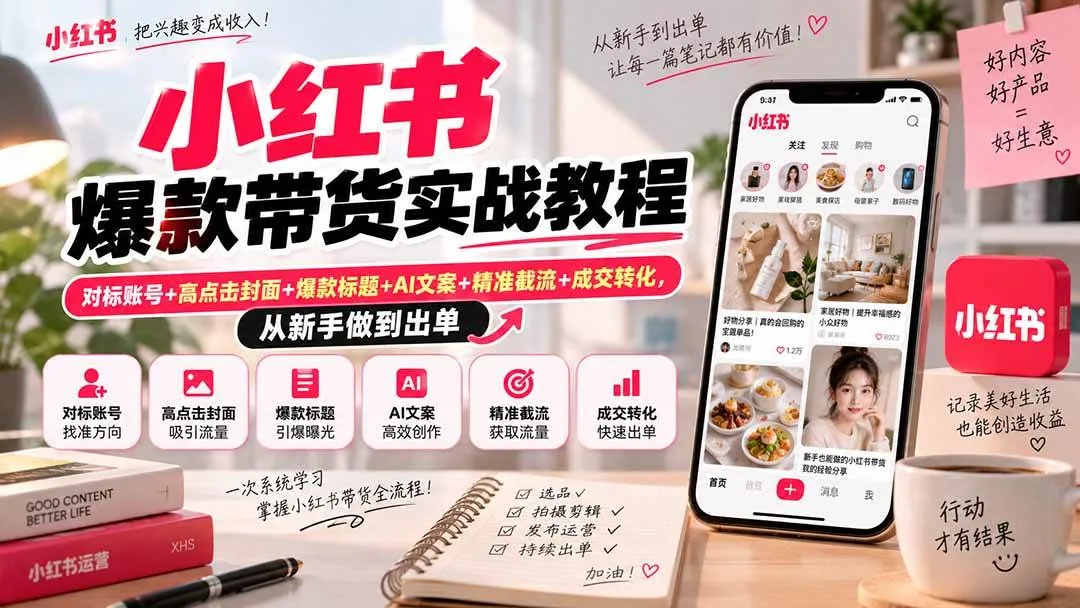 （20473期）小红书爆款带货实战教程｜对标账号+高点击封面+爆款标题+AI文案+精准截流+成交转化，从新手做到出单-海桐网创