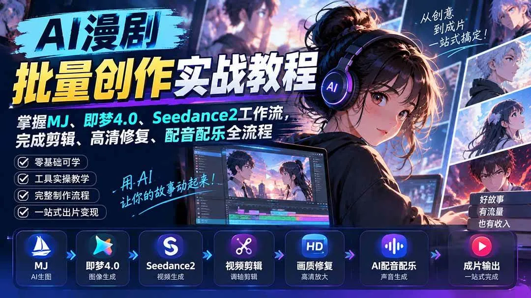 （20488期）AI漫剧批量创作实战教程：掌握MJ、即梦4.0、Seedance2工作流，完成剪辑、高清修复、配音配乐全流程-海桐网创