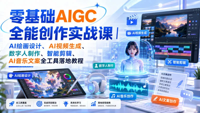 零基础AIGC全能创作实战课|AI绘画设计、AI视频生成、数字人制作、智能剪辑、AI音乐文案全工具落地教程-海桐网创
