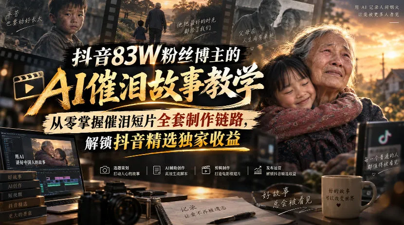 抖音83W粉丝博主的AI催泪故事教学,从零掌握催泪短片全套制作链路,解锁抖音精选独家收益-海桐网创