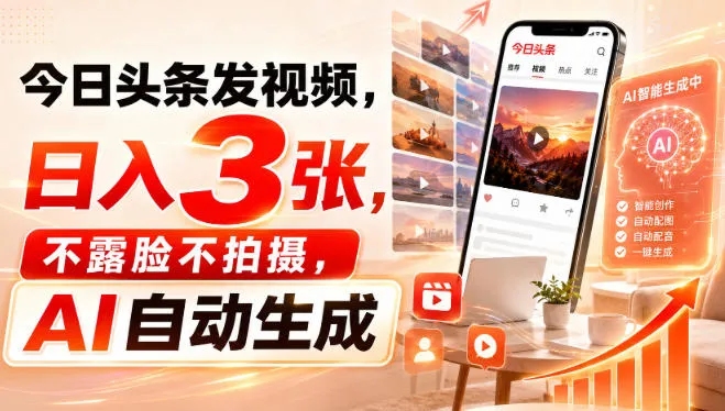 今日头条发视频,日入3张,不露脸不拍摄,AI自动生成-海桐网创