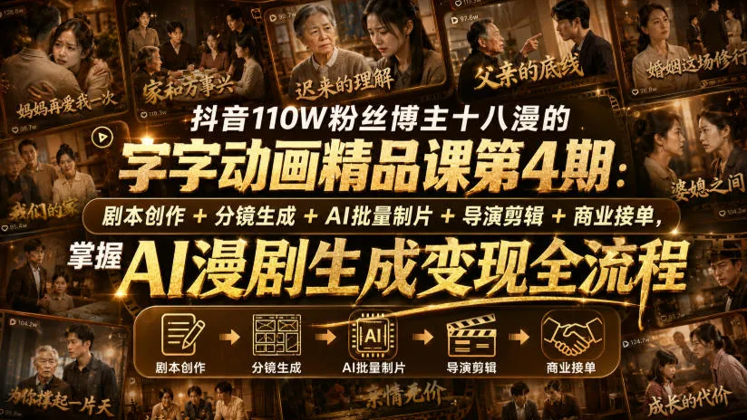 抖音110W粉丝博主十八漫的字字动画精品课第4期：剧本创作+分镜生成+剪辑+商业接单，掌握AI漫剧生成变现全流程（更新0916）-海桐网创