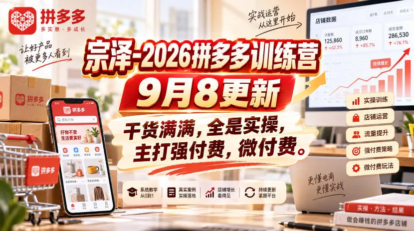 宗泽-2026拼多多训练营9月8更新,干货满满,全是实操,主打强付费,微付费-海桐网创