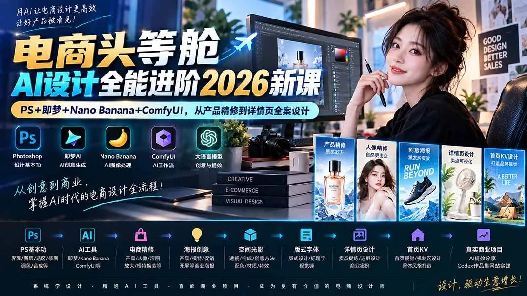 （20284期）电商头等舱AI设计全能进阶2026新课：PS+即梦+Nano Banana+ComfyUI，从产品精修到详情页全案设计-海桐网创