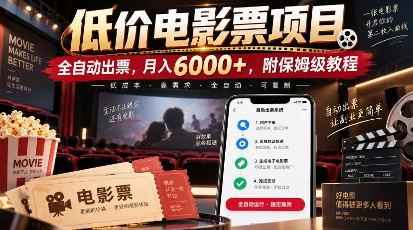 低价电影票项目，全自动出票，月入6000+，附保姆级教程【揭秘】-海桐网创