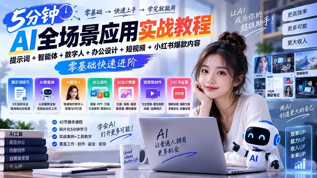 （20493期）AI全场景应用实战教程｜提示词+智能体+数字人+办公设计+短视频+小红书爆款内容，零基础快速进阶-海桐网创