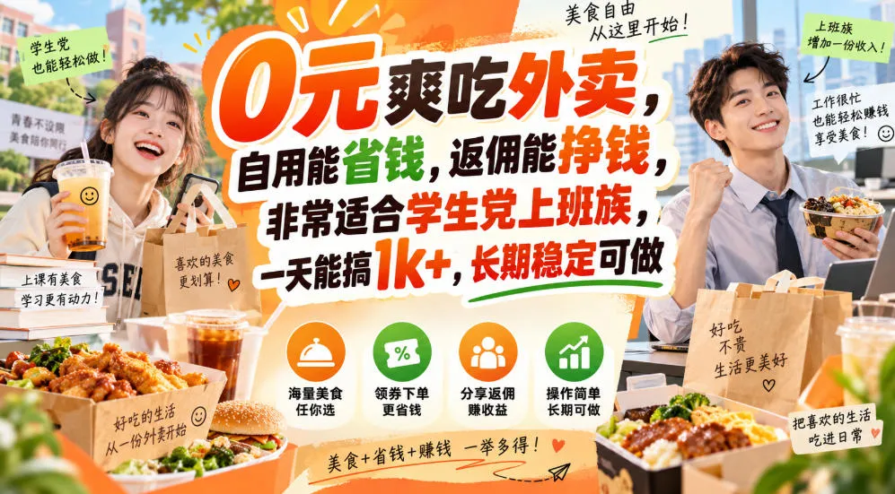 0元爽吃外卖,自用能省钱,返佣能挣钱,非常适合学生党上班族,一天能搞1k+,长期稳定可做-海桐网创