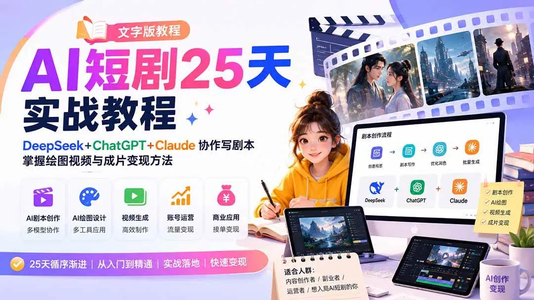 (20225期)AI短剧25天实战教程(文字版教程):DeepSeek+ChatGPT+Claude协作写剧本,掌握绘图视频与成片变现方法-海桐网创