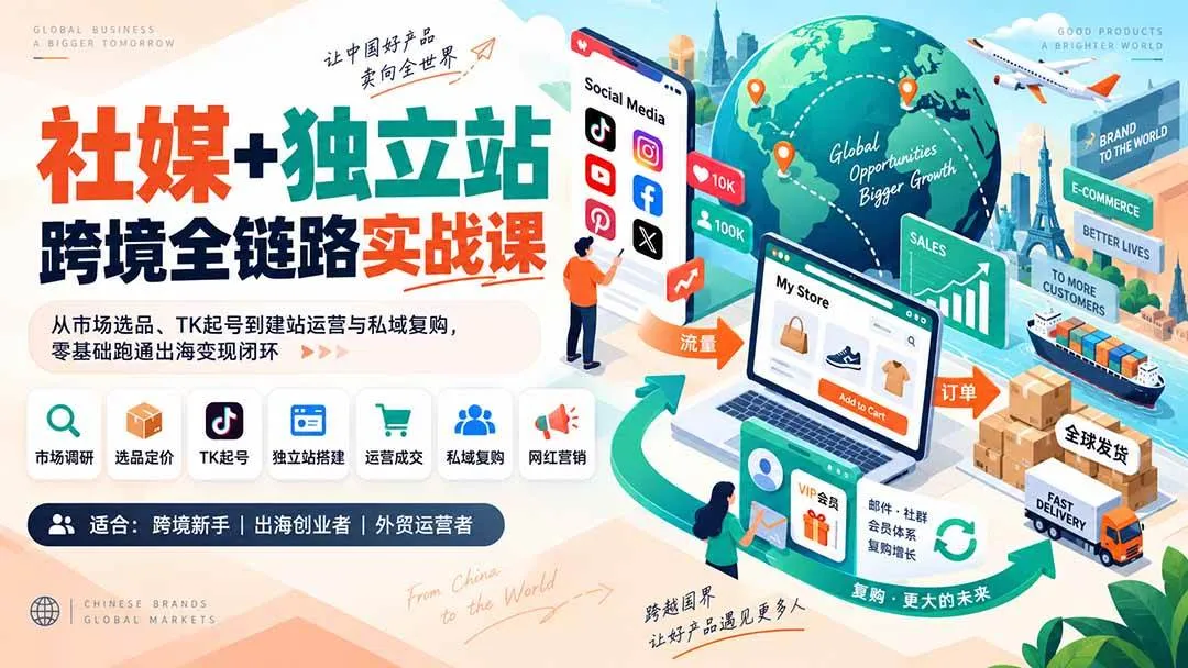 （20361期）社媒+独立站跨境全链路实战课：从市场选品、TK起号到建站运营与私域复购，零基础跑通出海变现闭环-海桐网创