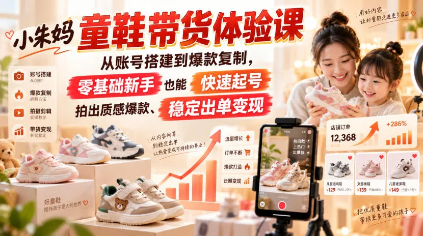 小朱妈童鞋带货体验课,从账号搭建到爆款复制,零基础新手也能快速起号、拍出质感爆款、稳定出单变现-海桐网创