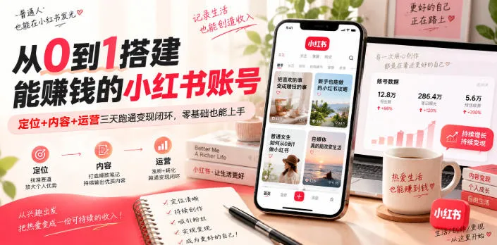 从0到1搭建能賺钱的小红书账号,定位+内容+运营三天跑通变现闭环-海桐网创
