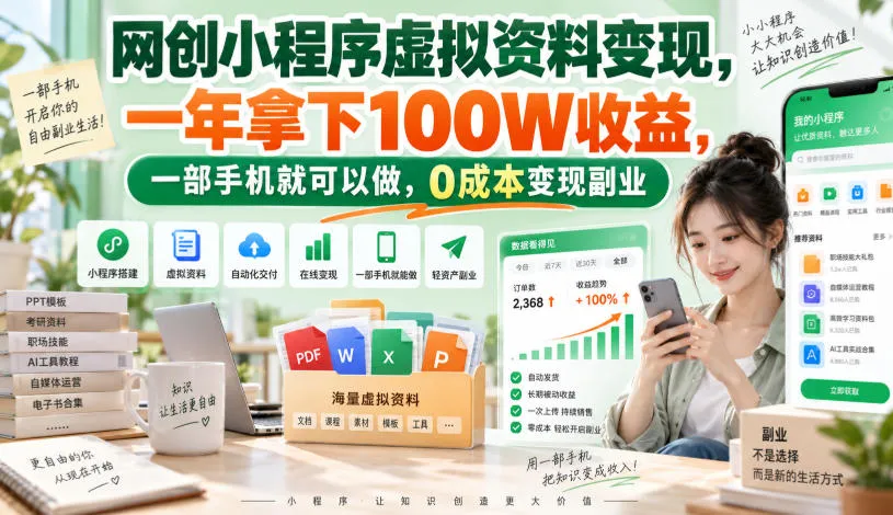 网创小程序虚拟资料变现,一年拿下100W收益,一部手机就可以做,0成本变现副业!【揭秘】-海桐网创