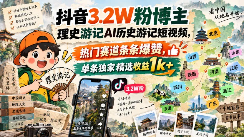 抖音3.2W粉博主理史游记AI历史游记短视频教学,热门赛道条条爆赞,单条独家精选收益1k+-海桐网创